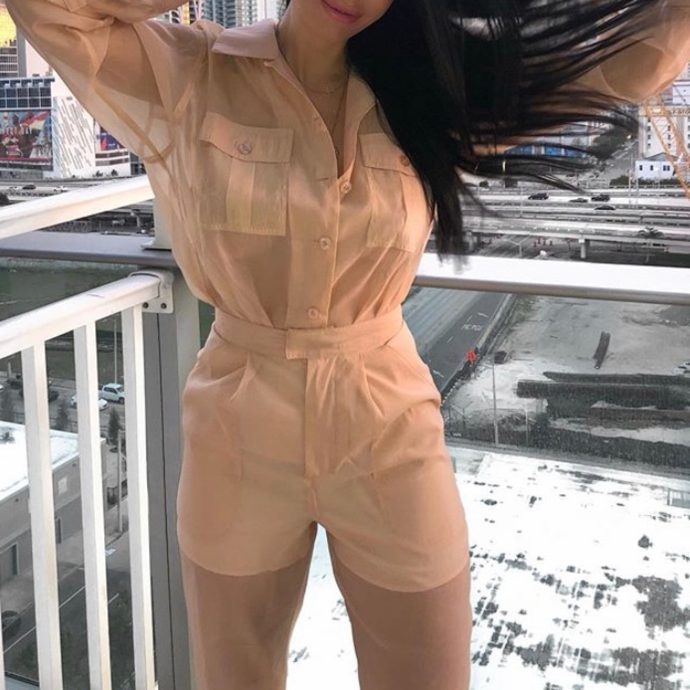 Tan Cream Pink Salmon Sheer Blouse and Pants Set
